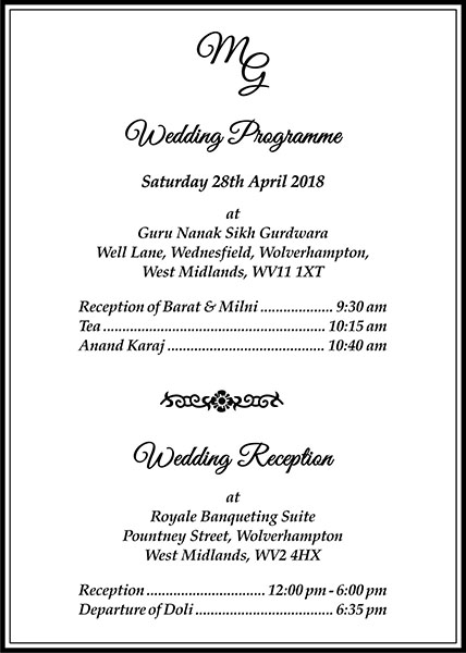 Sikh wedding invitation wording 11A - Parekh Cards